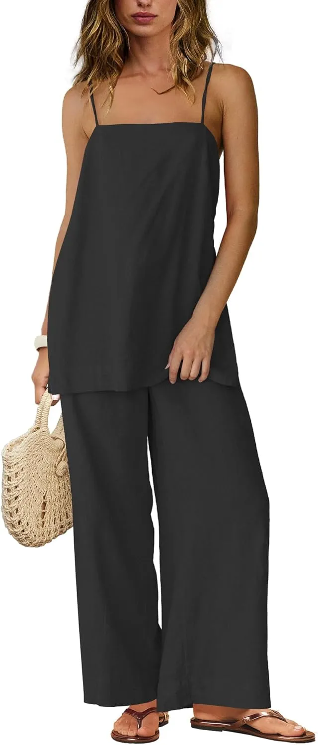 Panadila 2 Piece Linen Set Summer Travel Beach Vacation Outfit Sexy Spaghetti Strap Tank Top and Pants with Pockets