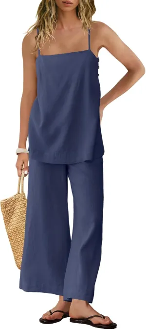 Panadila 2 Piece Linen Set Summer Travel Beach Vacation Outfit Sexy Spaghetti Strap Tank Top and Pants with Pockets