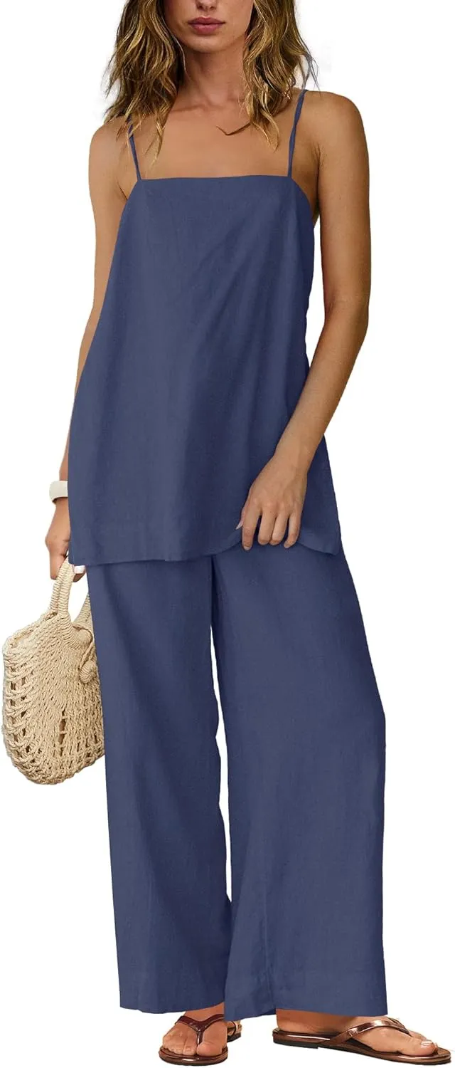 Panadila 2 Piece Linen Set Summer Travel Beach Vacation Outfit Sexy Spaghetti Strap Tank Top and Pants with Pockets