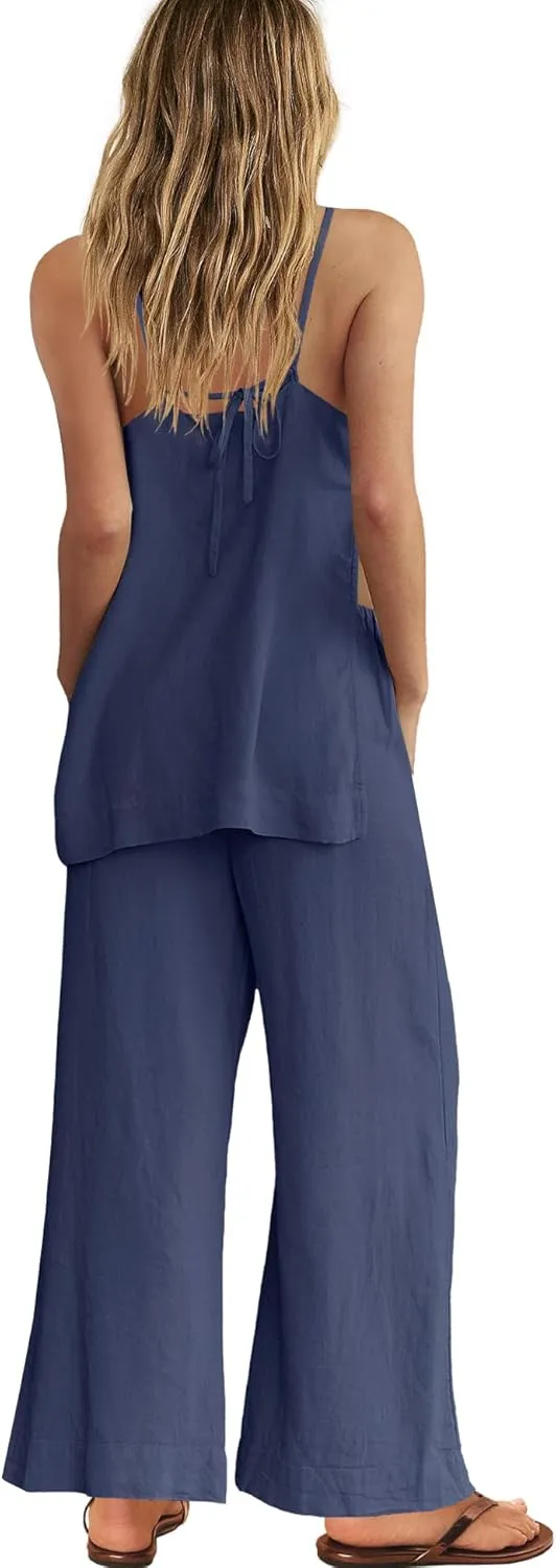 Panadila 2 Piece Linen Set Summer Travel Beach Vacation Outfit Sexy Spaghetti Strap Tank Top and Pants with Pockets