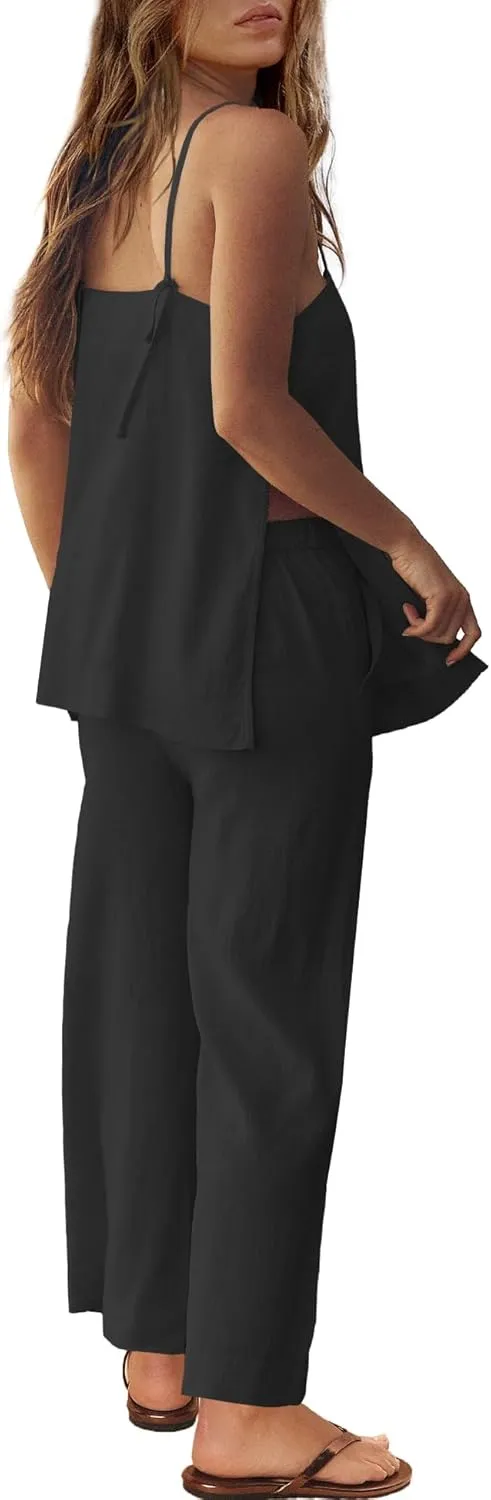 Panadila 2 Piece Linen Set Summer Travel Beach Vacation Outfit Sexy Spaghetti Strap Tank Top and Pants with Pockets