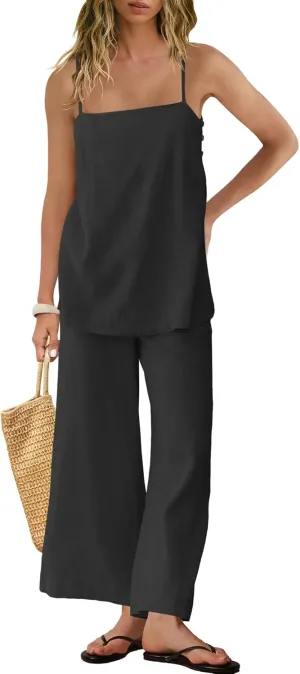 Panadila 2 Piece Linen Set Summer Travel Beach Vacation Outfit Sexy Spaghetti Strap Tank Top and Pants with Pockets