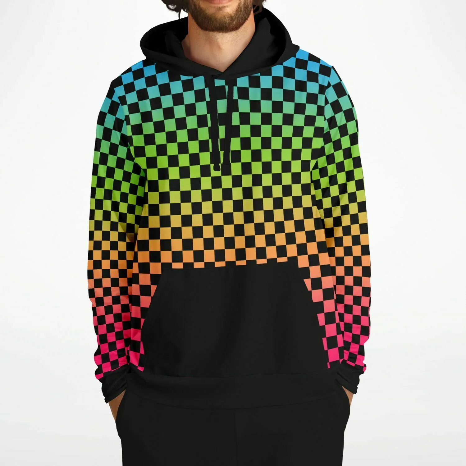 Panromantic Pride Black Contrast Checkered Pullover Hoodie