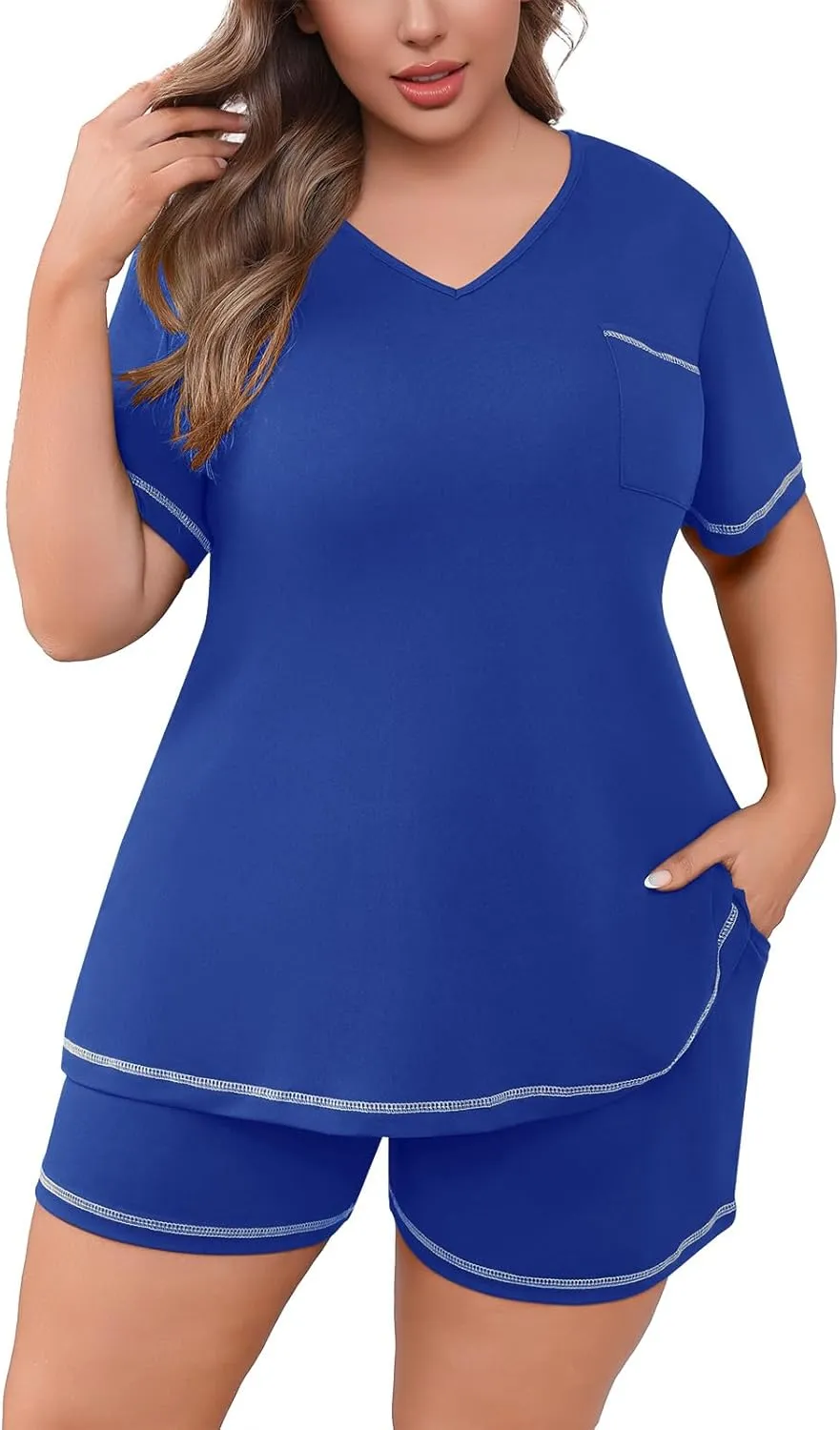 POSESHE Womens Plus Size Pajama Sets Summer Short Sleeve 2 Piece Lounge Sleepwear Short Pants Pjs Sets with Pockets 2025
