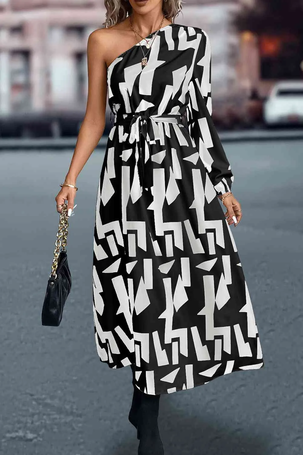Printed One-Shoulder Tie Waist Dress
