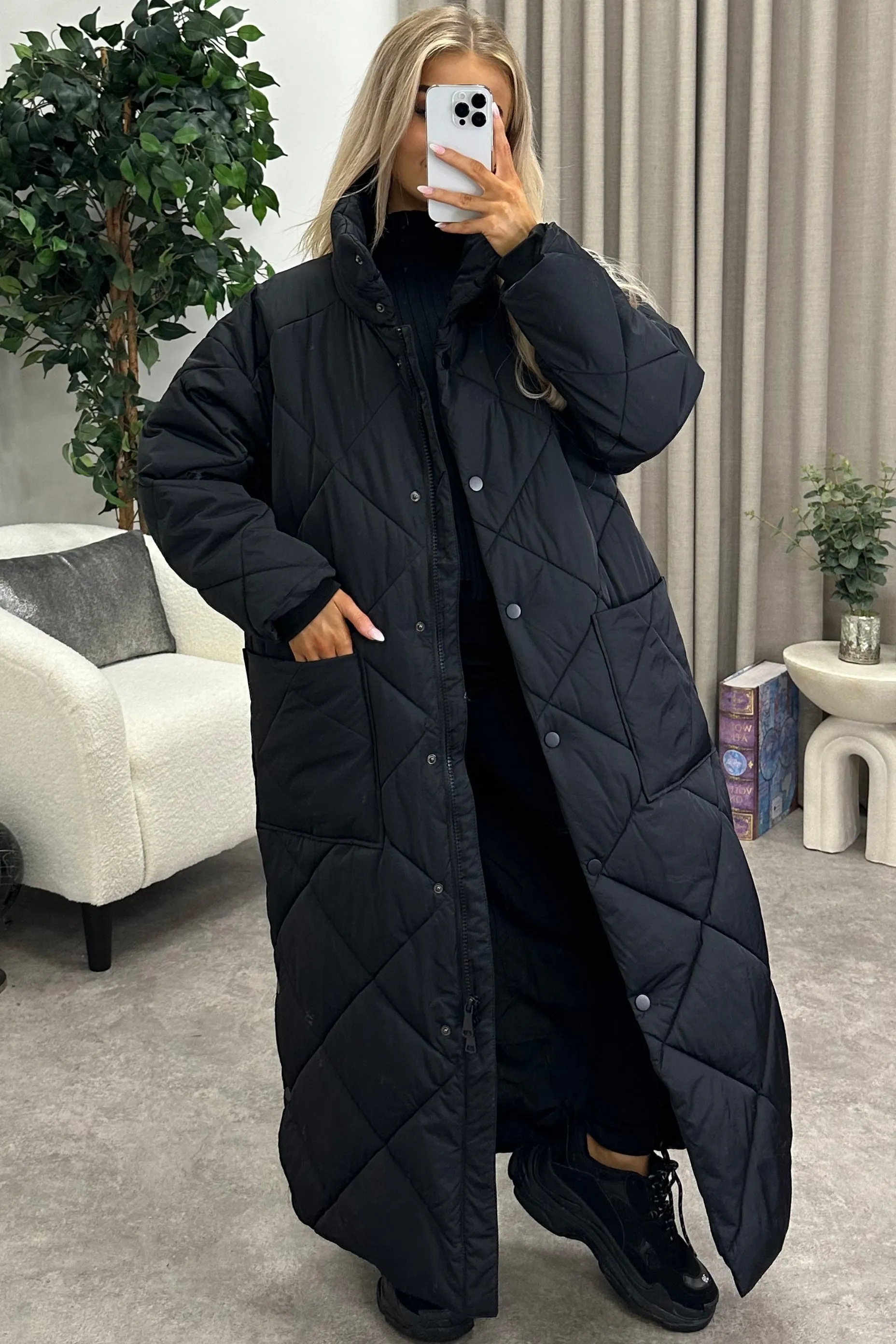 Romana Black Quilted Maxi Puffer Coat