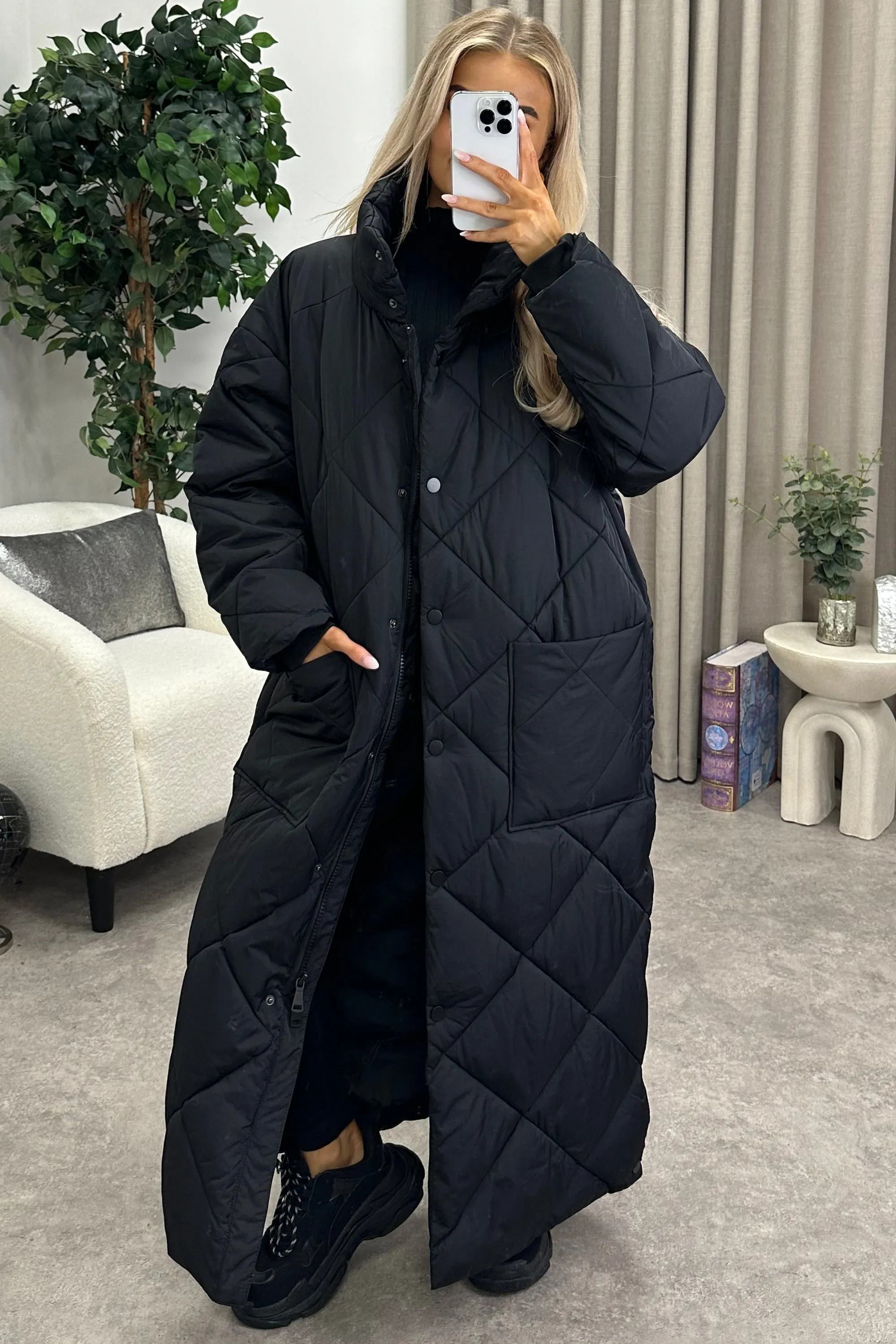 Romana Black Quilted Maxi Puffer Coat