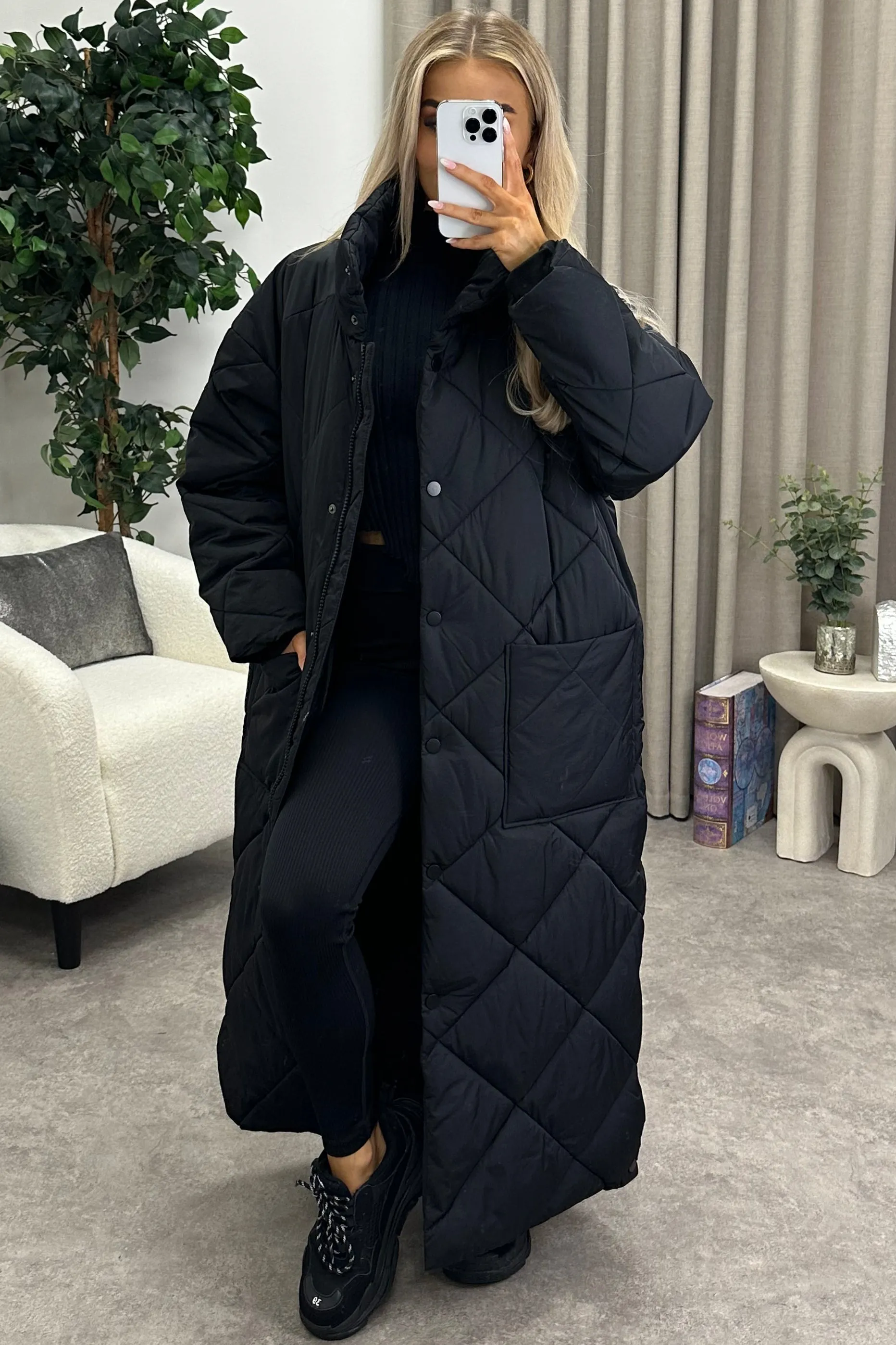 Romana Black Quilted Maxi Puffer Coat