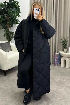 Romana Black Quilted Maxi Puffer Coat