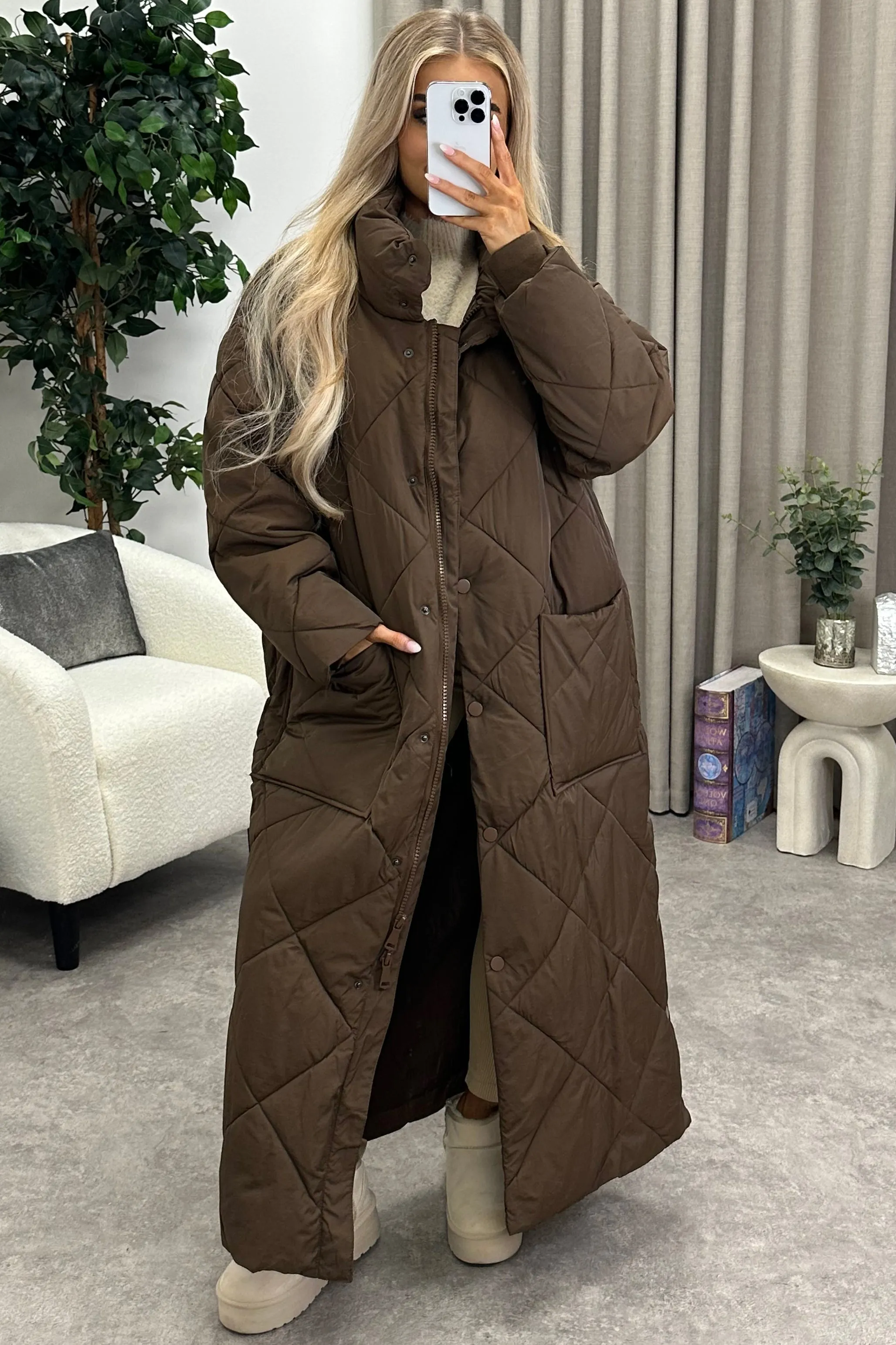 Romana Brown Quilted Maxi Puffer Coat