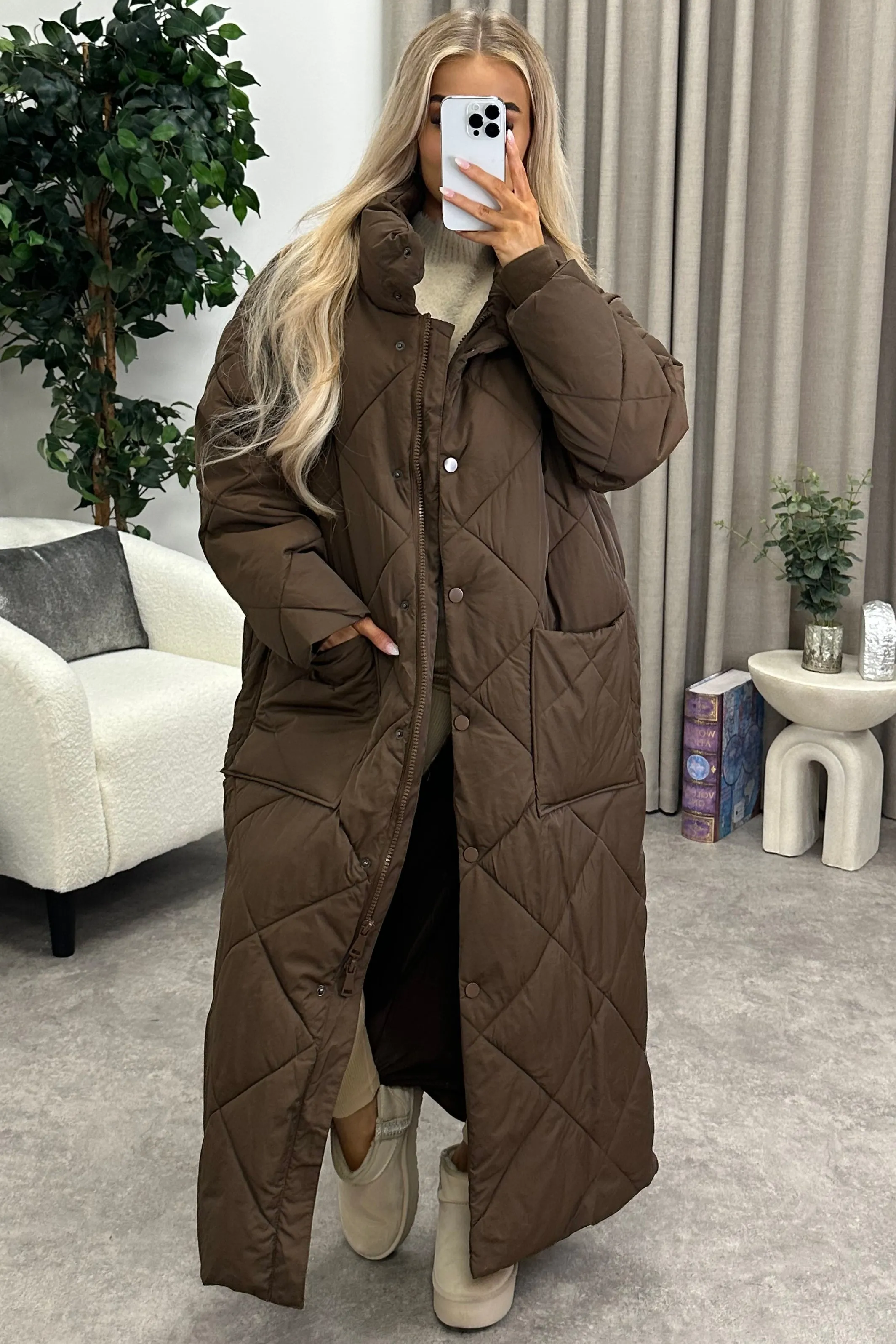 Romana Brown Quilted Maxi Puffer Coat