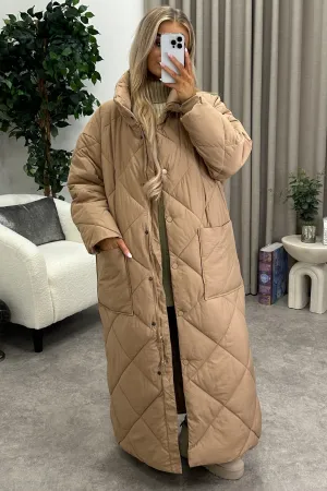 Romana Dark Beige Quilted Maxi Puffer Coat