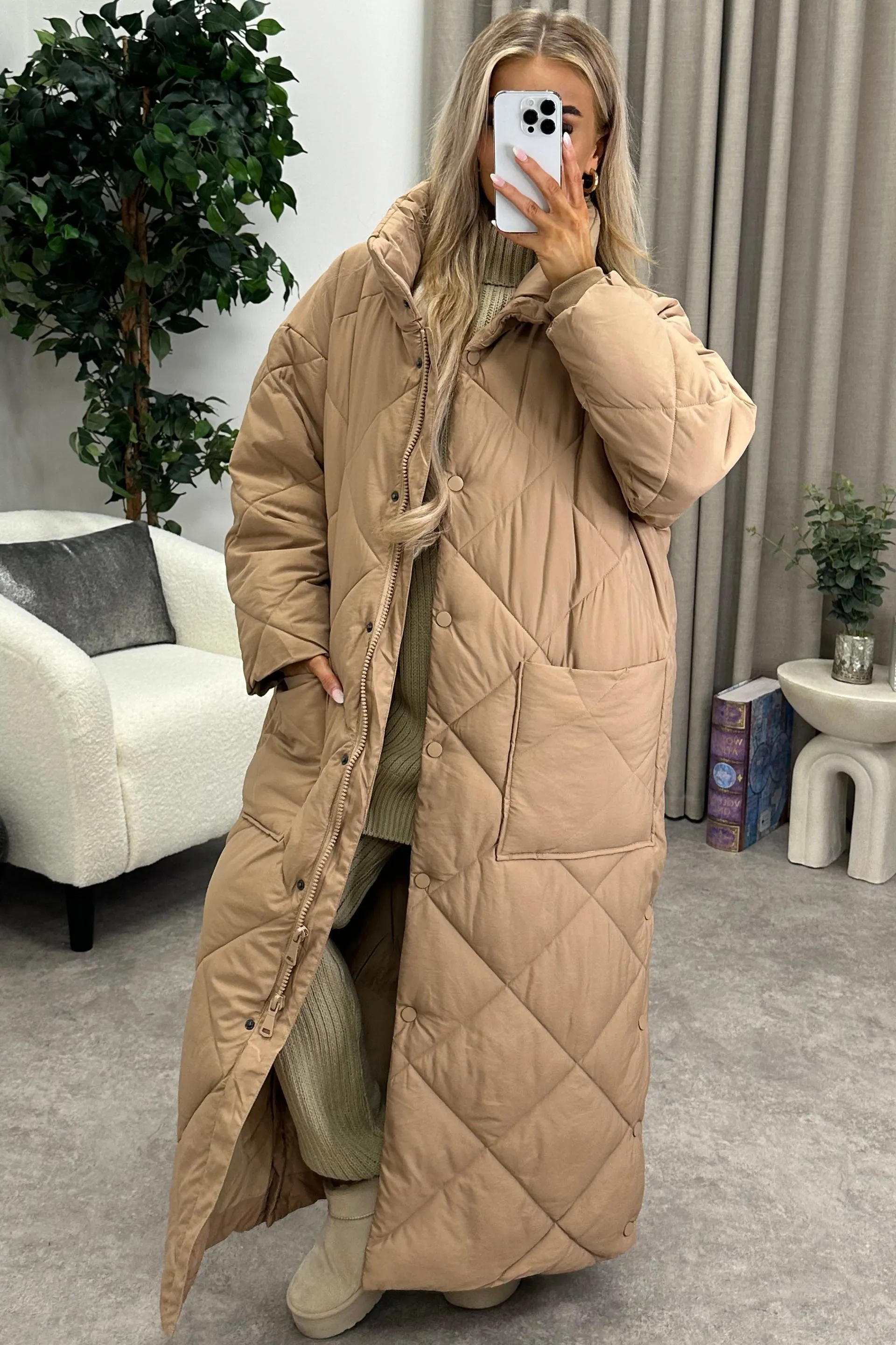 Romana Dark Beige Quilted Maxi Puffer Coat