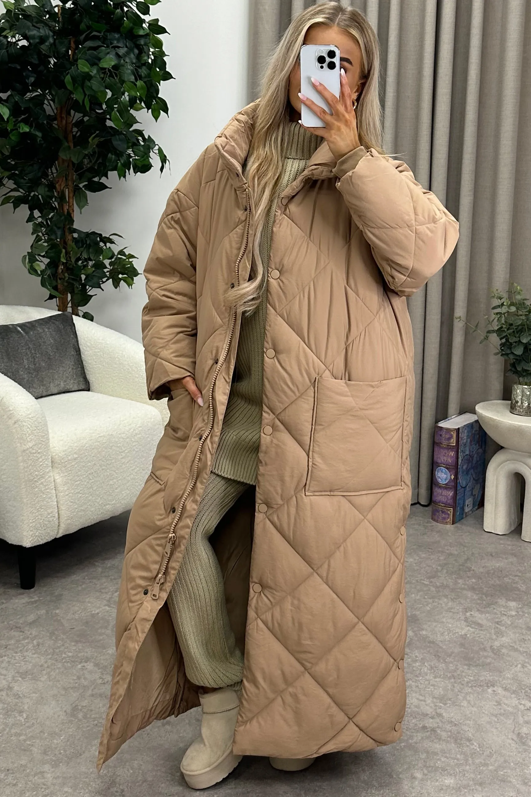 Romana Dark Beige Quilted Maxi Puffer Coat