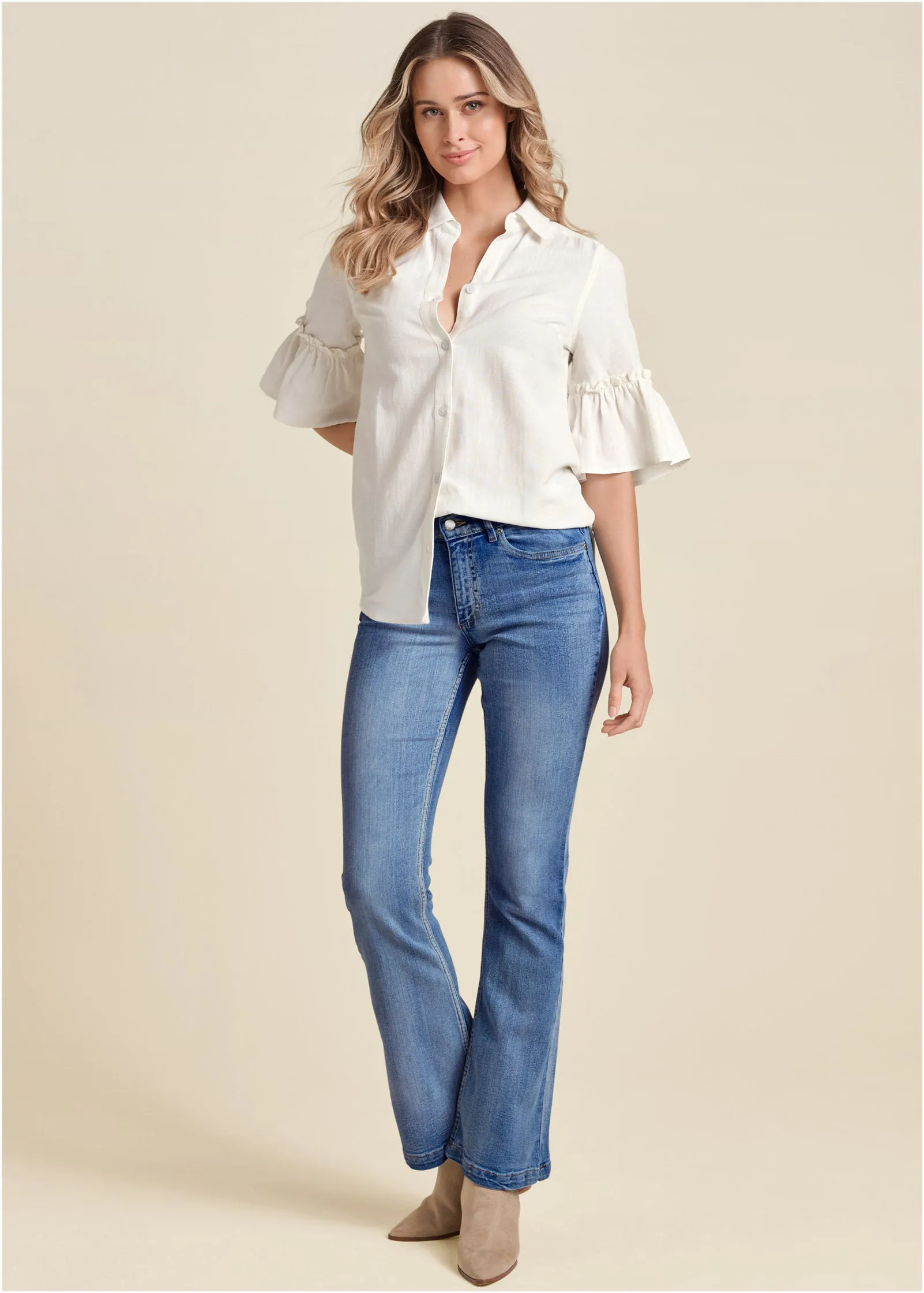 Ruffle Sleeve Woven Top - Off White