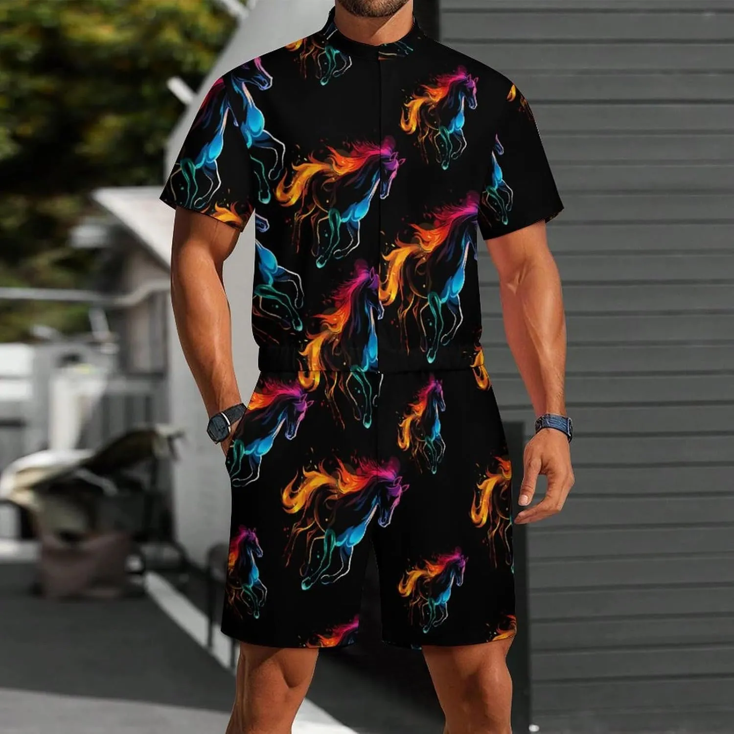 Silhouette Rainbow Horse Mens Short Sleeve Rompers Printed Slim Fit One Piece Jumpsuit with Pocket