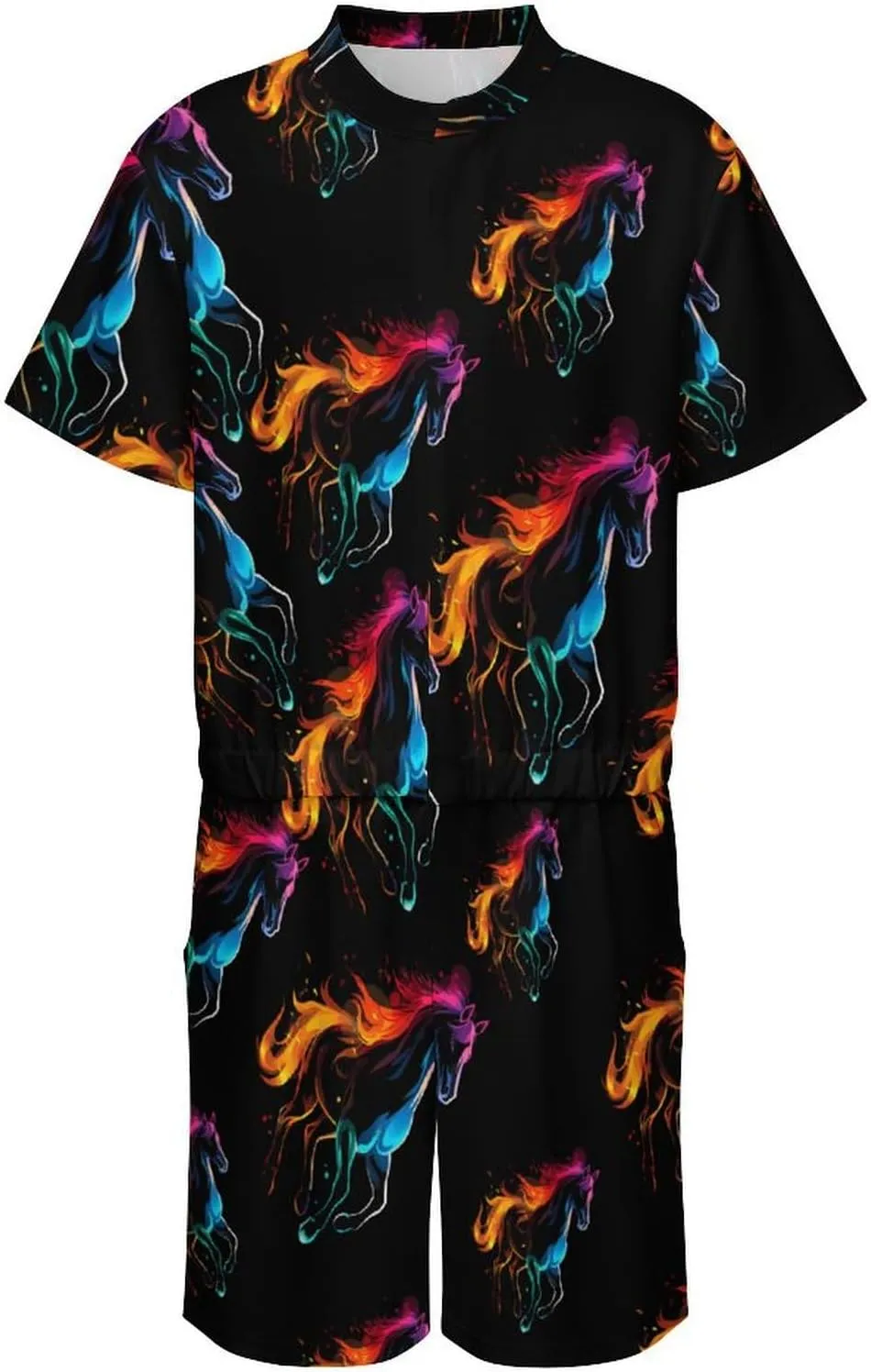 Silhouette Rainbow Horse Mens Short Sleeve Rompers Printed Slim Fit One Piece Jumpsuit with Pocket