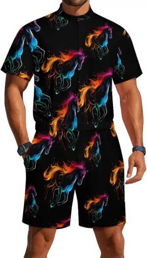 Silhouette Rainbow Horse Mens Short Sleeve Rompers Printed Slim Fit One Piece Jumpsuit with Pocket