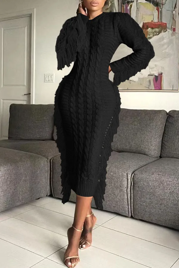 Stylish Fringe Trim Sweater Dress