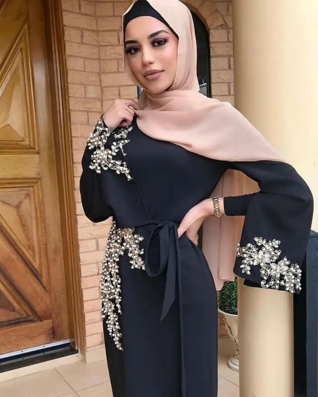 Stylish Ladies Muslim Embroidered Dress in Black, Purple, or White