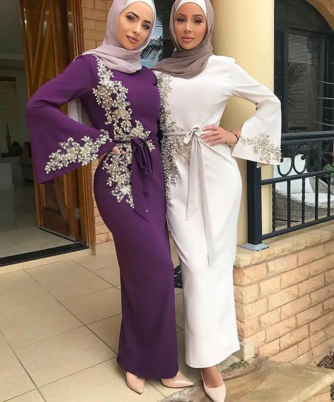 Stylish Ladies Muslim Embroidered Dress in Black, Purple, or White
