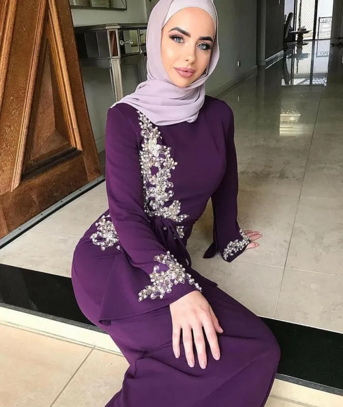 Stylish Ladies Muslim Embroidered Dress in Black, Purple, or White