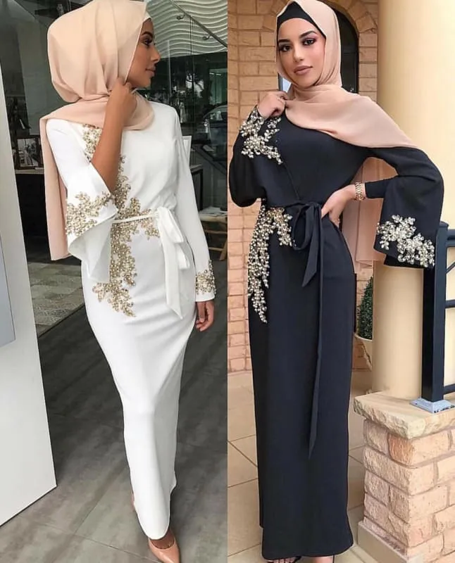 Stylish Ladies Muslim Embroidered Dress in Black, Purple, or White