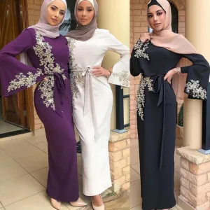 Stylish Ladies Muslim Embroidered Dress in Black, Purple, or White