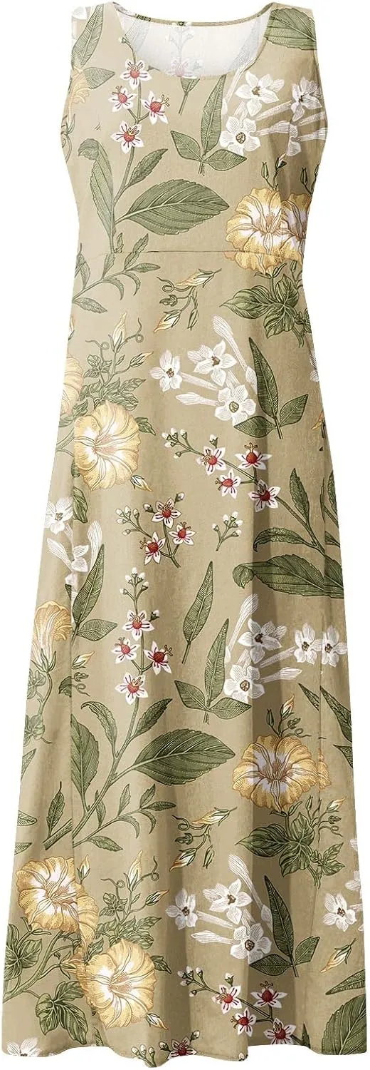 Tank Maxi Dress for Women with Pockets Summer Beach Dresses Casual Loose Fit Cotton Flowy Sundress Plus Size