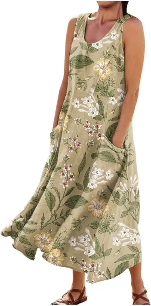Tank Maxi Dress for Women with Pockets Summer Beach Dresses Casual Loose Fit Cotton Flowy Sundress Plus Size