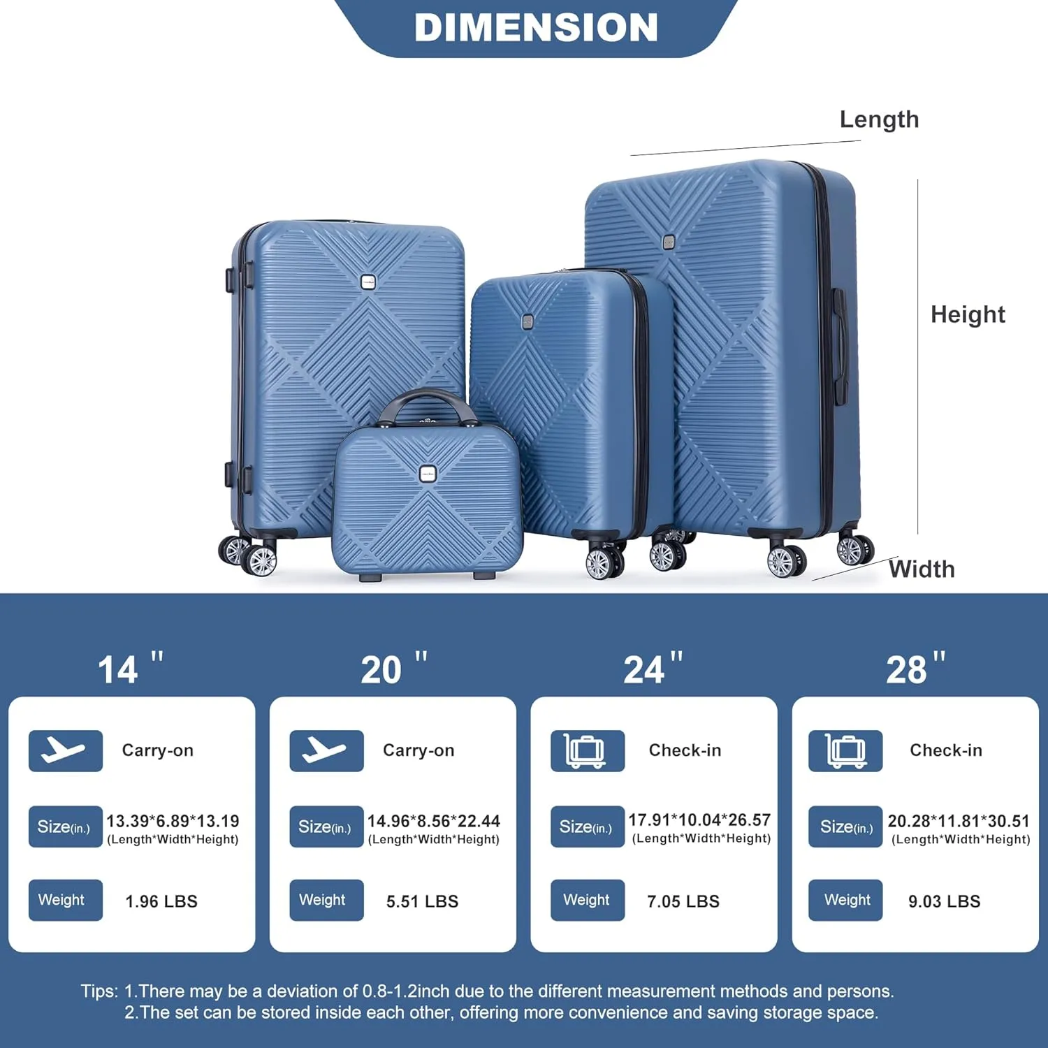 Travelhouse 4 Piece Luggage Sets Travel Suitcase, Large Capacity Lightweight Luggage Sets with TSA Lock & Spinner Wheels, Clearance Carry On Luggage Suitcase Set (BLUE, 4 piece(14" 20'24"28"))