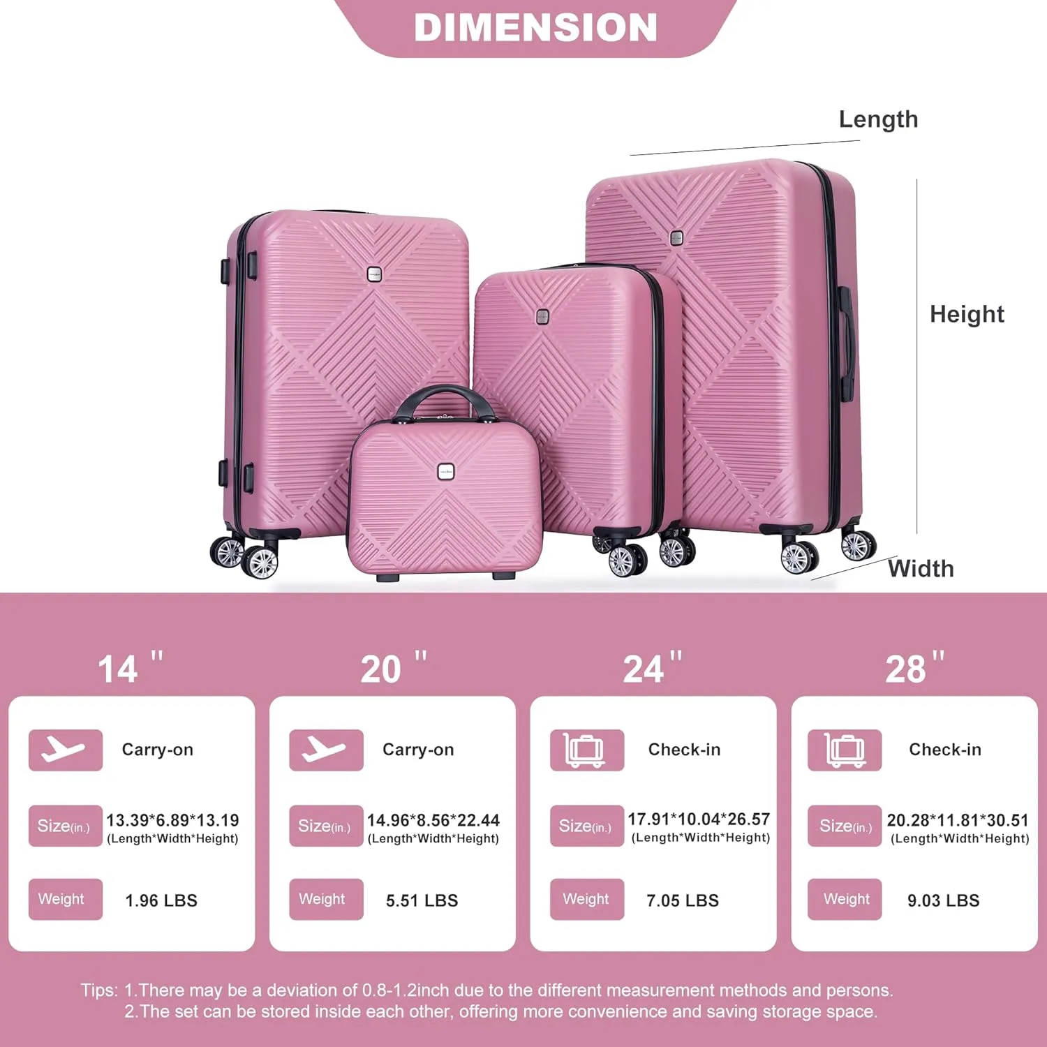 Travelhouse 4 Piece Luggage Sets Travel Suitcase, Large Capacity Lightweight Luggage Sets with TSA Lock & Spinner Wheels, Clearance Carry On Luggage Suitcase Set (PINK, 4 piece(14" 20'24"28"))
