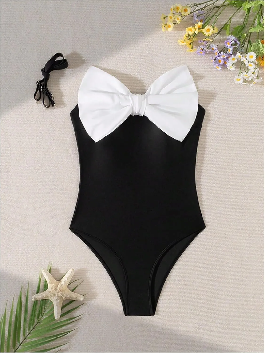 WDIRARA Women's Bowknot Strapless One Piece Swimsuit Colorblock Bandeau Bathing Suit with Removable Strap