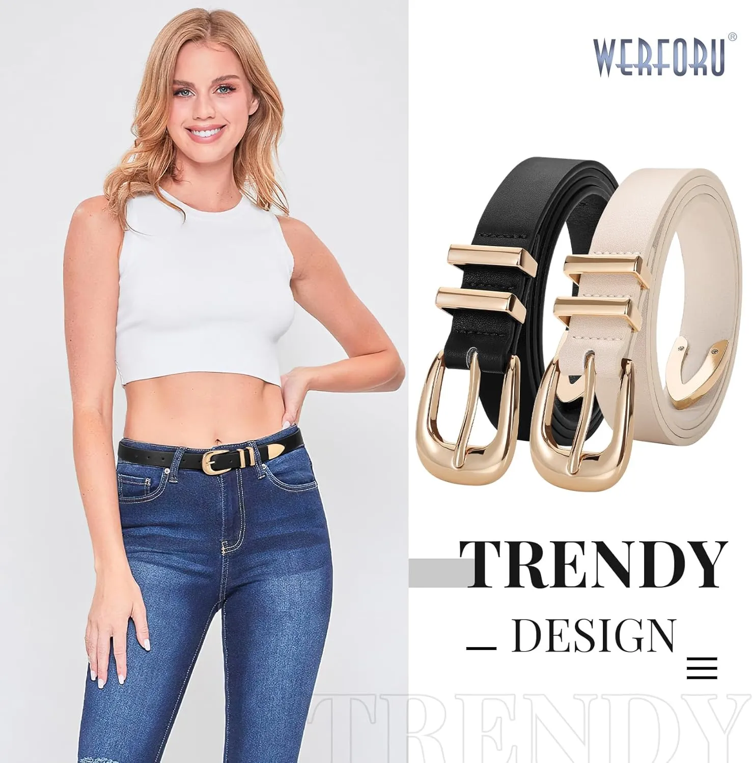 WERFORU 2 Pack Women Leather Belt Fashion Leather Waist Belt for Pants Jean Ladies Western Belt with Gold/Silver Buckle-