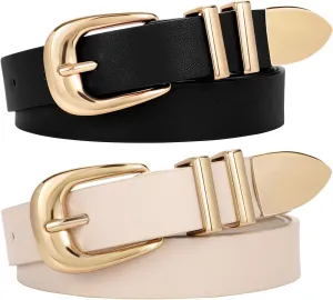 WERFORU 2 Pack Women Leather Belt Fashion Leather Waist Belt for Pants Jean Ladies Western Belt with Gold/Silver Buckle-