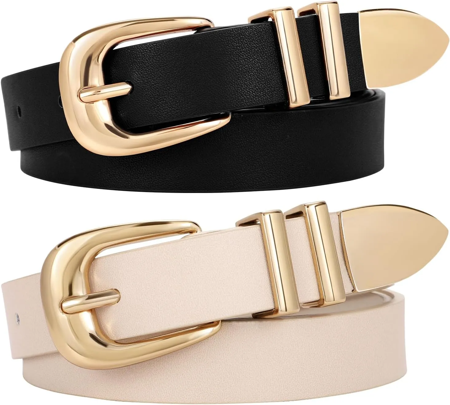 WERFORU 2 Pack Women Leather Belt Fashion Leather Waist Belt for Pants Jean Ladies Western Belt with Gold/Silver Buckle-