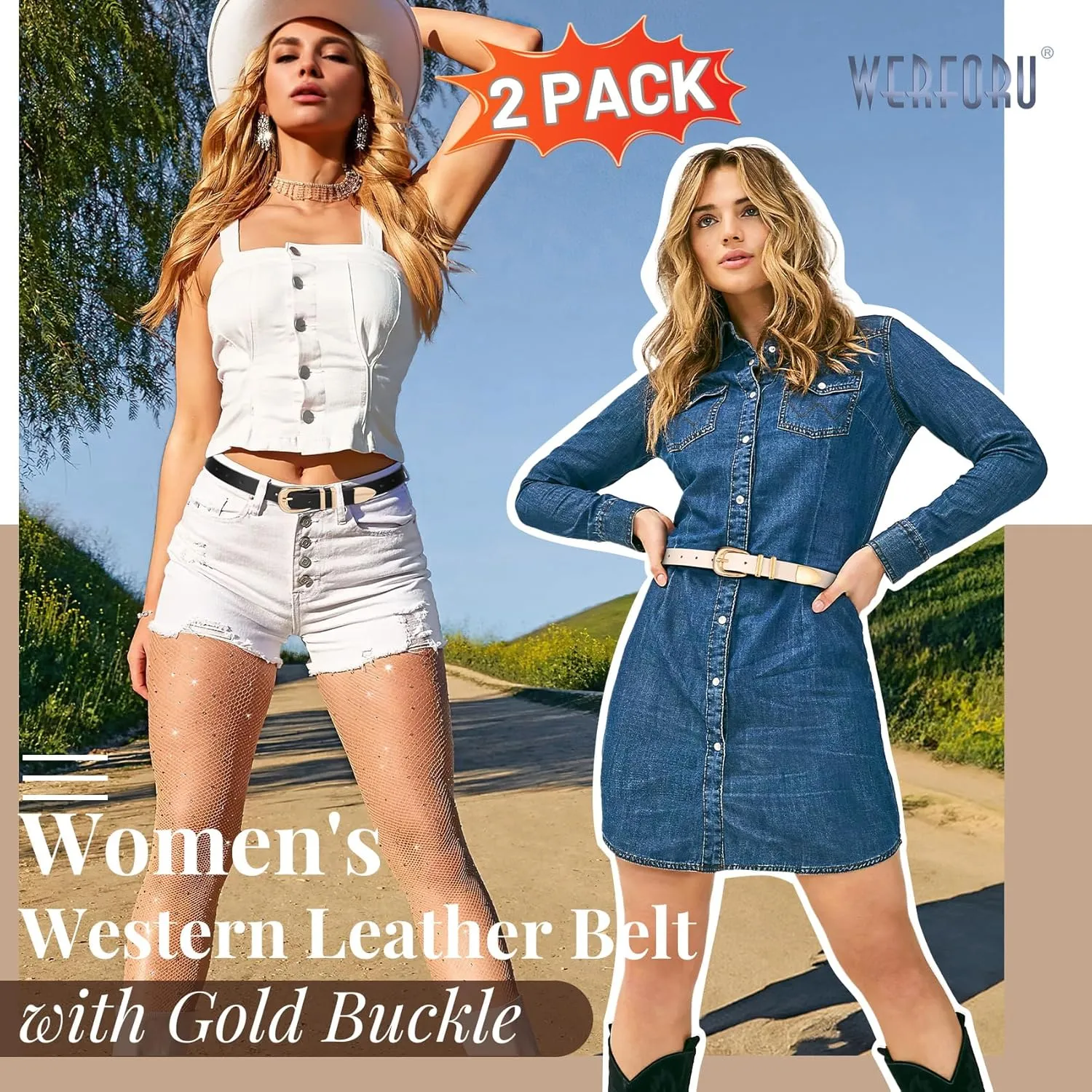 WERFORU 2 Pack Women Leather Belt Fashion Leather Waist Belt for Pants Jean Ladies Western Belt with Gold/Silver Buckle-