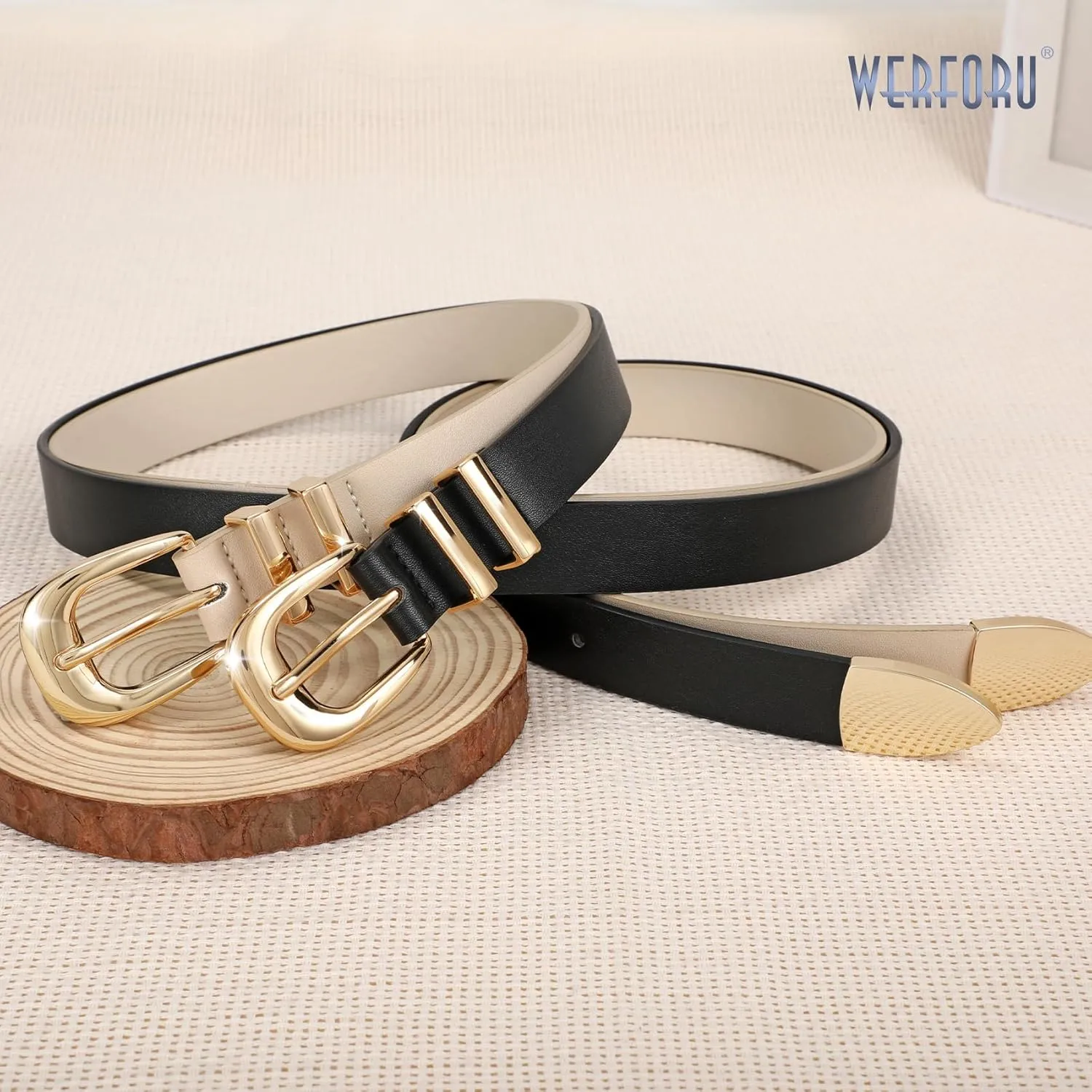 WERFORU 2 Pack Women Leather Belt Fashion Leather Waist Belt for Pants Jean Ladies Western Belt with Gold/Silver Buckle-