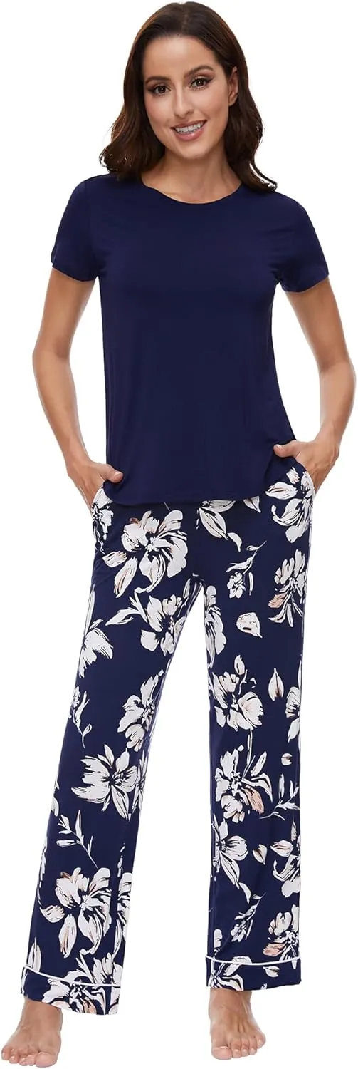 WiWi Viscose from Bamboo Pajamas for Women Pajama Sets Soft Short Sleeve Loungewear with Pants Pjs Lounge Set S-XXL