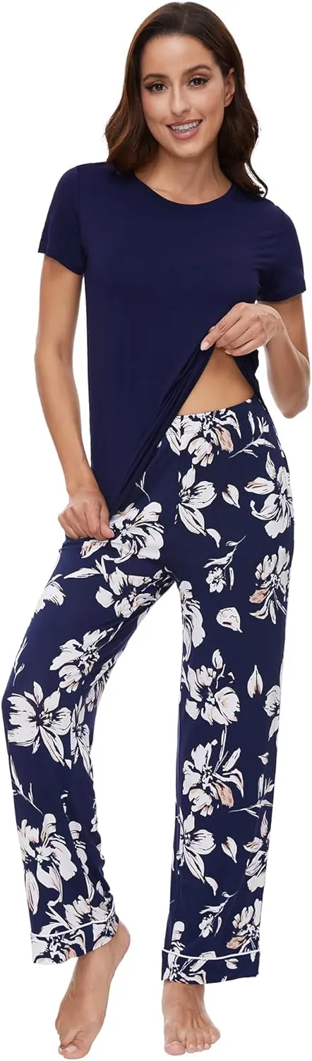 WiWi Viscose from Bamboo Pajamas for Women Pajama Sets Soft Short Sleeve Loungewear with Pants Pjs Lounge Set S-XXL