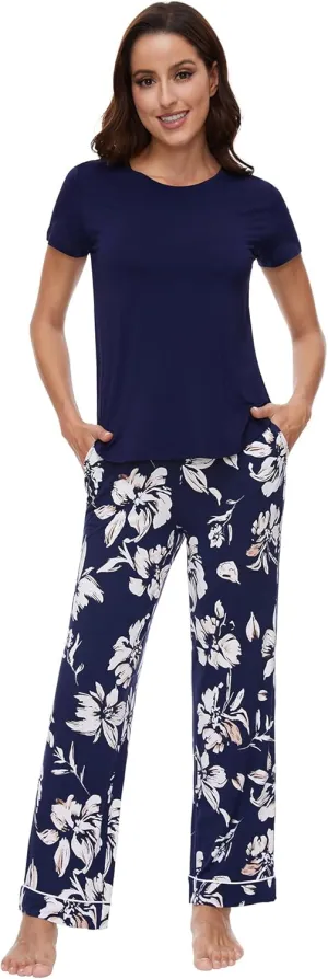 WiWi Viscose from Bamboo Pajamas for Women Pajama Sets Soft Short Sleeve Loungewear with Pants Pjs Lounge Set S-XXL