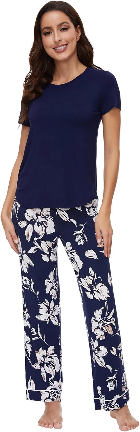 WiWi Viscose from Bamboo Pajamas for Women Pajama Sets Soft Short Sleeve Loungewear with Pants Pjs Lounge Set S-XXL