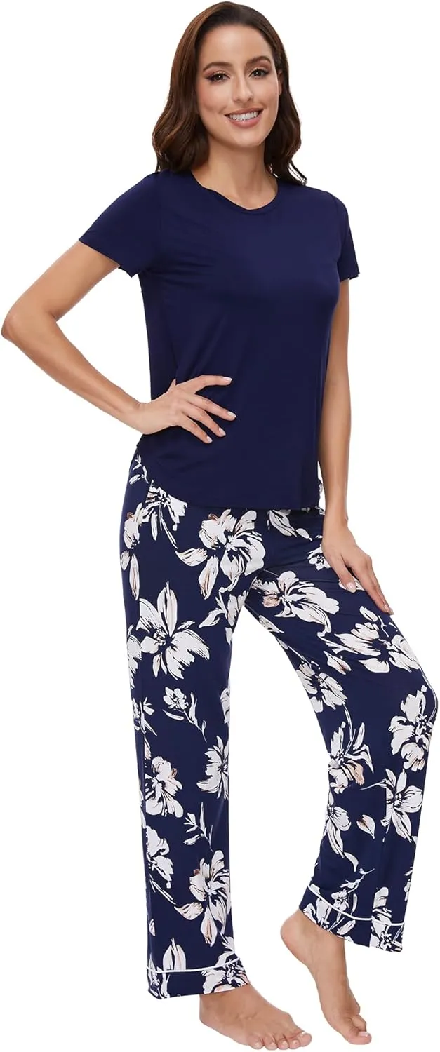 WiWi Viscose from Bamboo Pajamas for Women Pajama Sets Soft Short Sleeve Loungewear with Pants Pjs Lounge Set S-XXL