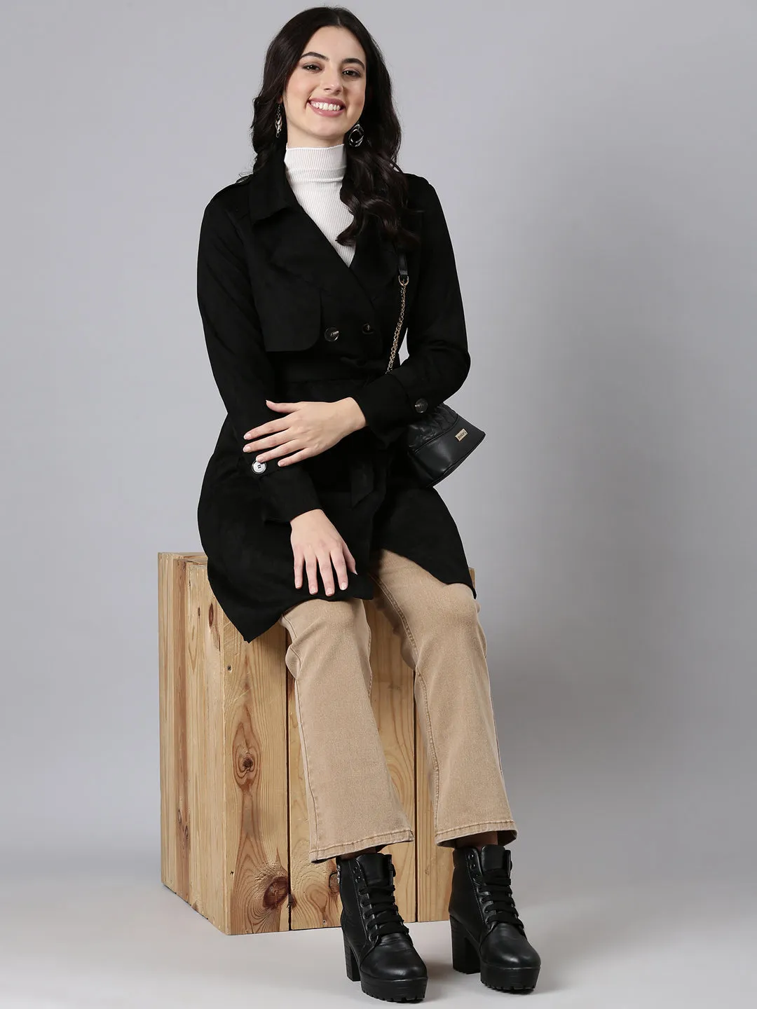 Women Solid Longline Black Trench Coat with Belt