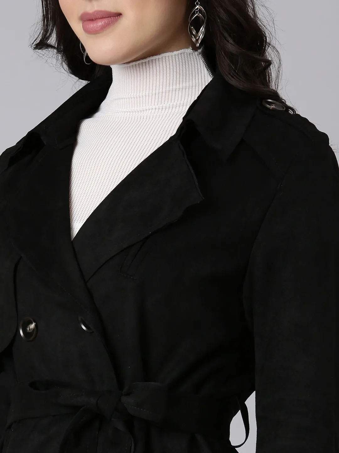 Women Solid Longline Black Trench Coat with Belt