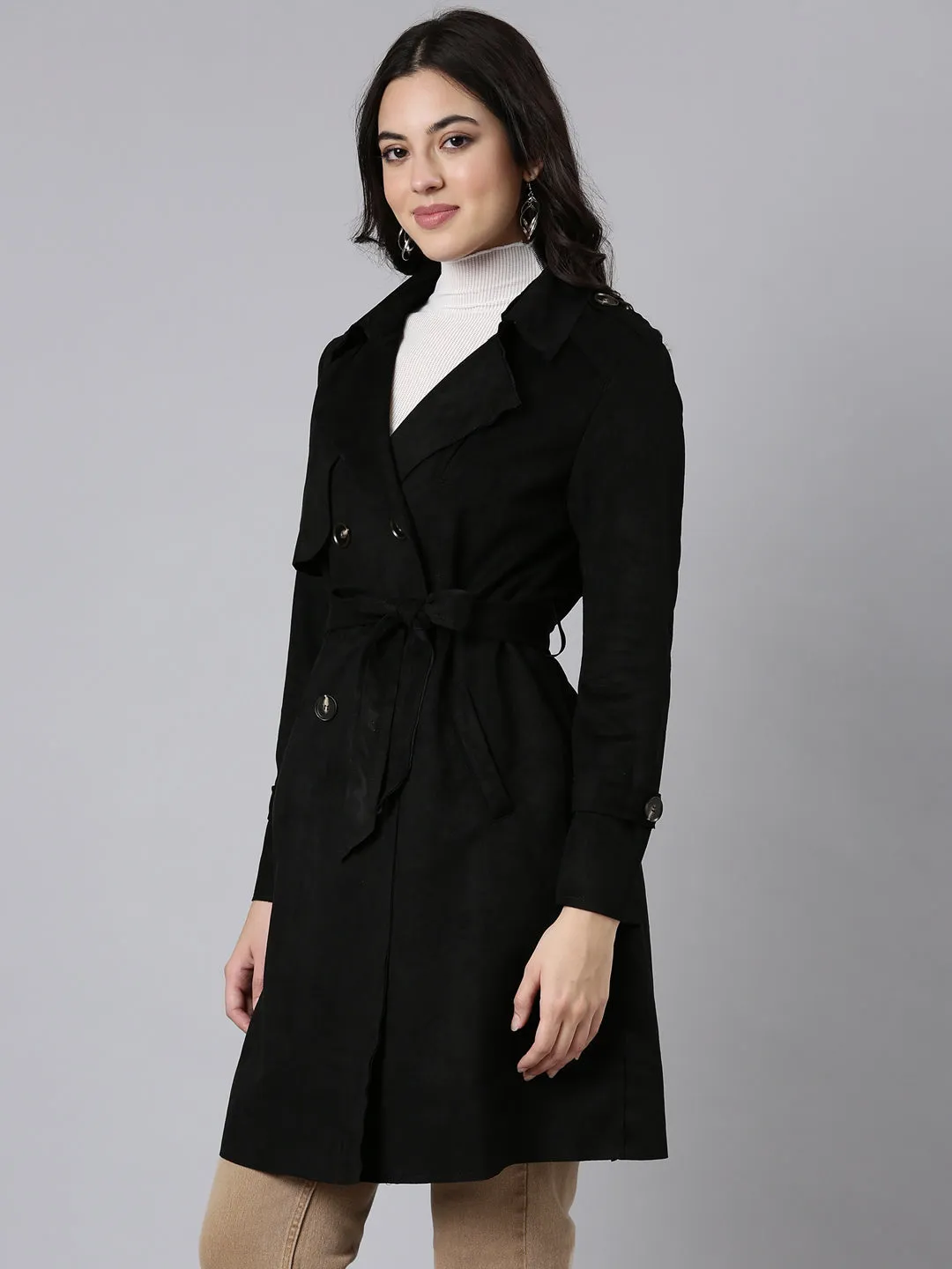 Women Solid Longline Black Trench Coat with Belt