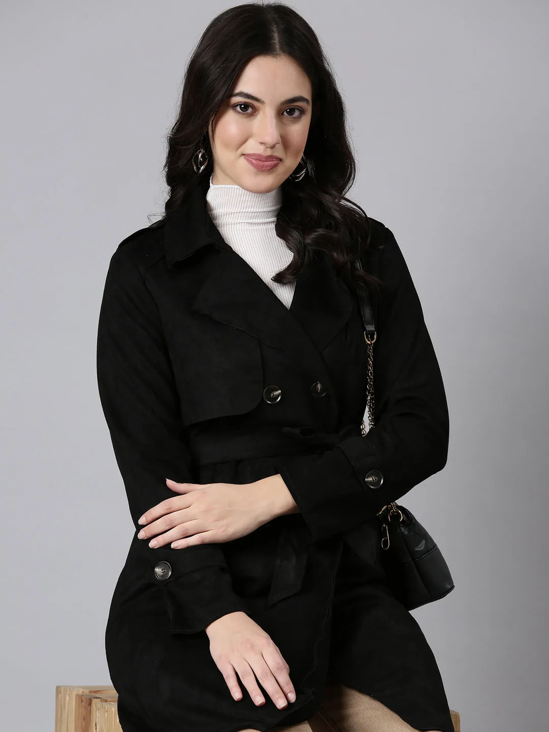 Women Solid Longline Black Trench Coat with Belt