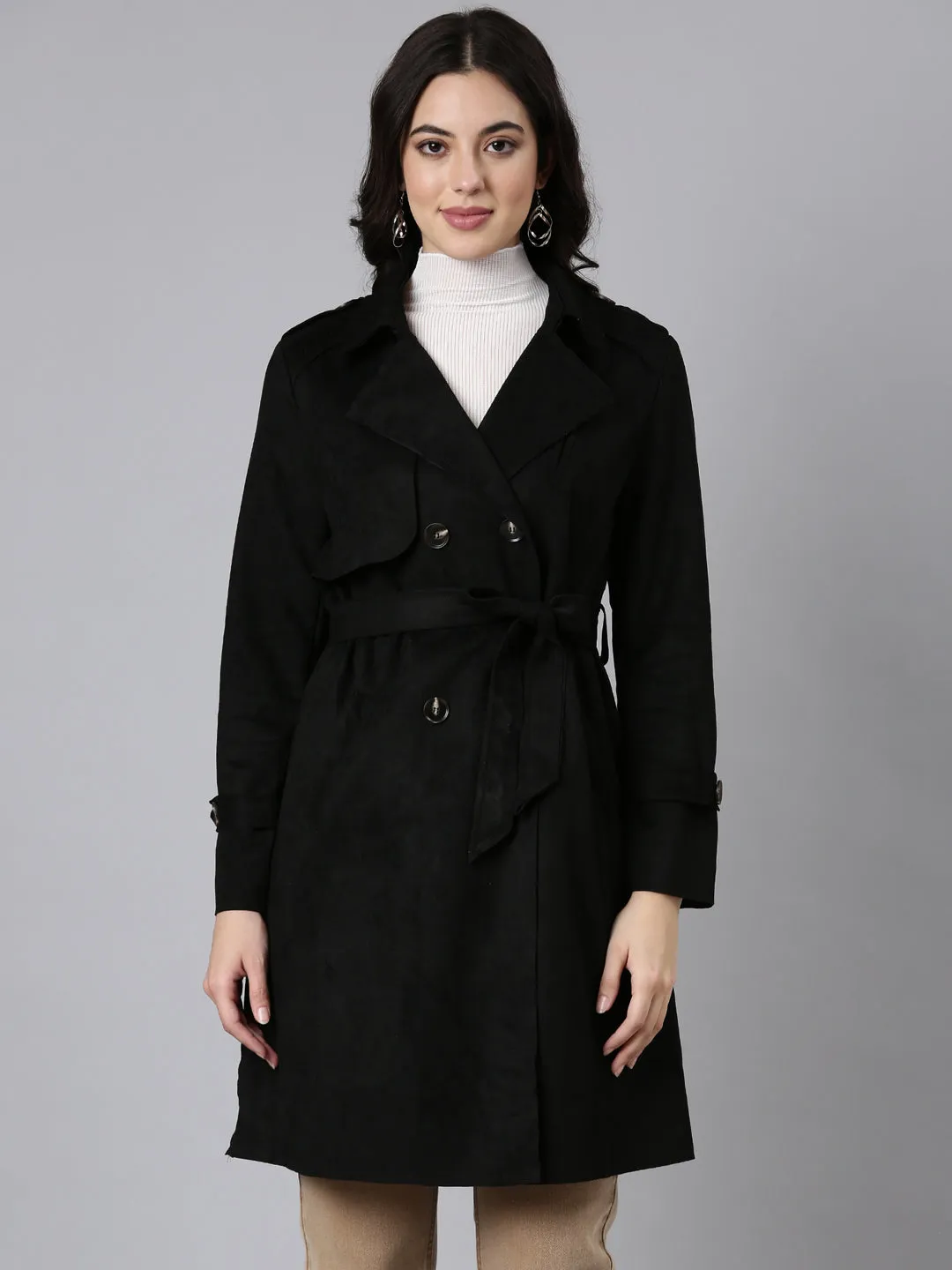 Women Solid Longline Black Trench Coat with Belt