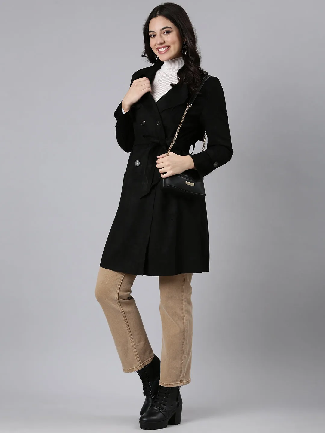 Women Solid Longline Black Trench Coat with Belt