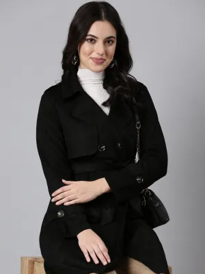 Women Solid Longline Black Trench Coat with Belt